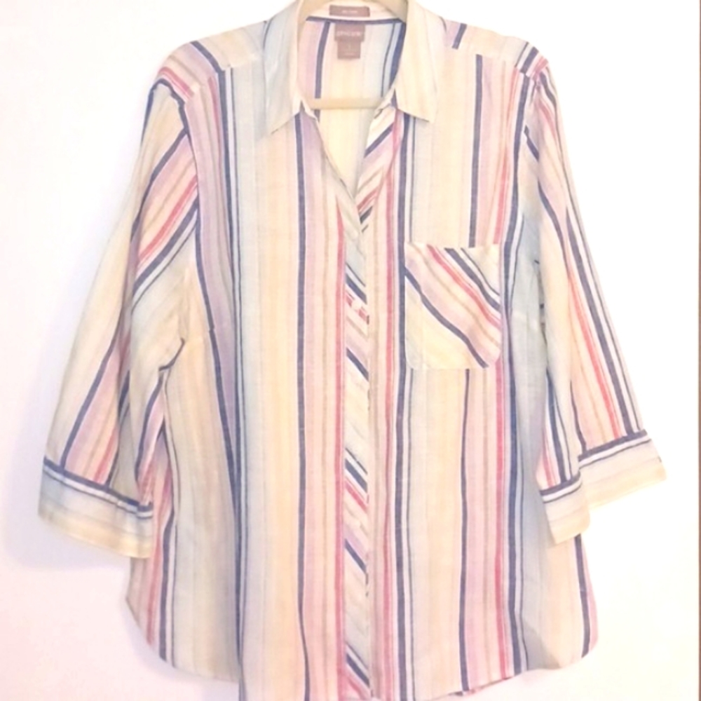 Chico's "No Iron" 100% Linen Candy Stripe Tunic in Size Chico's 3 / 16-18 XL